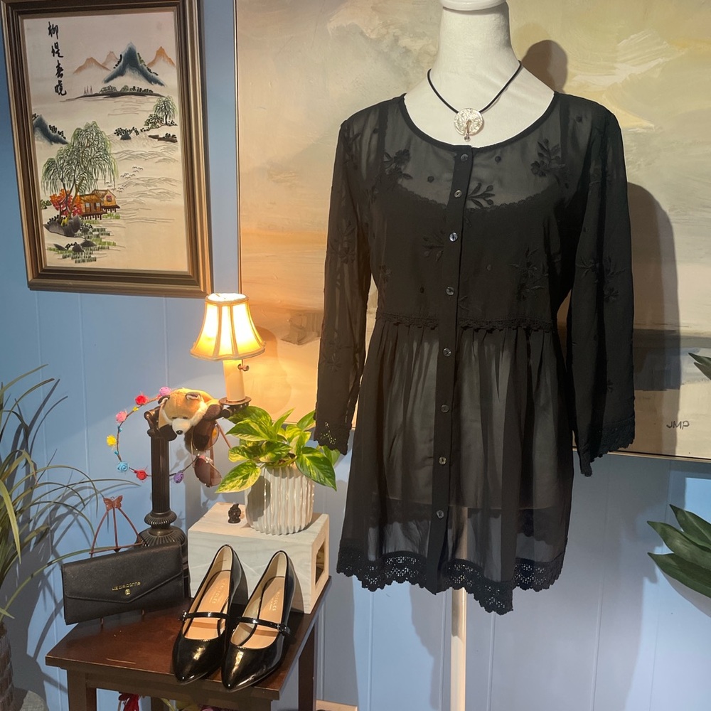 LOGO by Lori Goldstein Black Sheer Button-Down Blouse